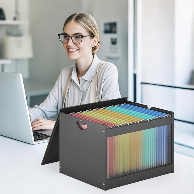 Hanging File Box Organizer for Letter Size, 2 Pack Bamboo Acrylic File Folder Storage with Lid Clear Moving Boxes Wood with Handle Desktop Filing Holder for Office Banker Document