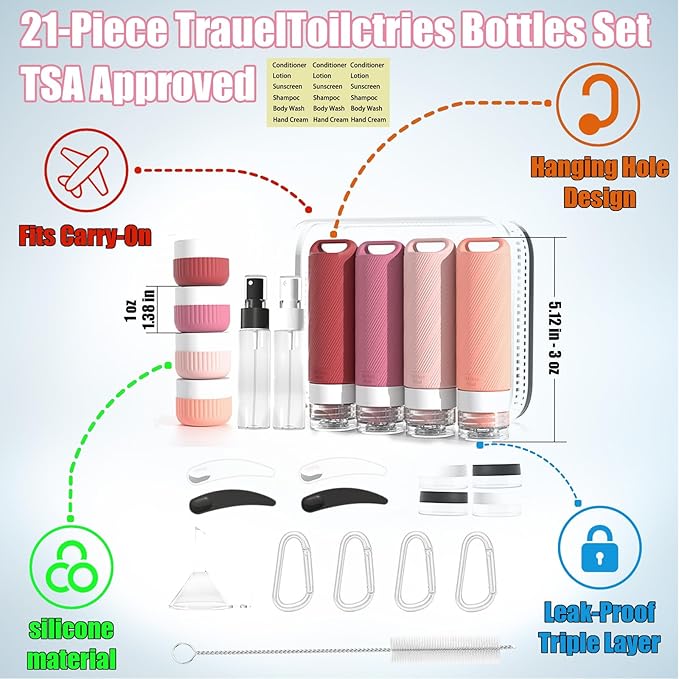 26 Pcs TSA Approved Travel Toiletry Bottles Set, Leakproof Silicone Refillable Travel Containers with Hanging Hole & Carabiner, Travel Essentials, for Shampoo Conditioner Lotion Body Wash