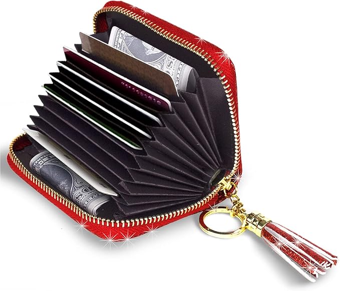 Coco Rossi Women's Small Credit Card Wallet RFID Cute Glitter Card Holder for Women, Red