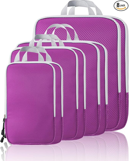 Compression Packing Cubes, 8 Set Packing Cubes for Travel Compression, Lightweight Compressible Package Organizer for Carry On and Suitcases, Purple and Grey