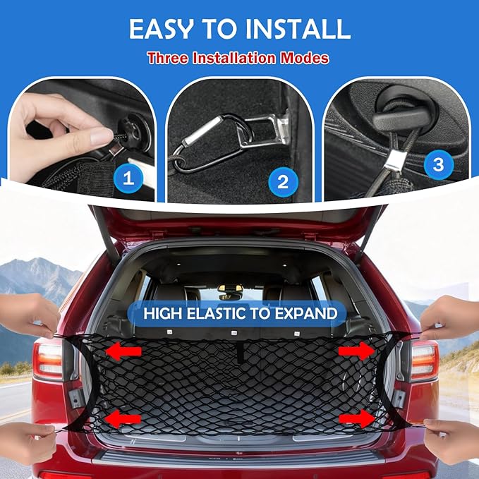 Envelope Style Cargo Net for 2011-2021 Jeep Grand Cherokee Accessories, Rear Trunk SUV Mesh Cargo Net, Upgraded 5mm Bungee & Double-Layer Nylon Storage Tailgate Netting Grocery&Tools Holder Organizer