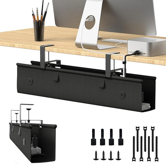 Under Desk Cable Management Tray, 30-inch No-Drill Cord Organizer with Anti-Sag Reinforced Base, Fabric Wire Management Hider for Standing Desk, Office & Gaming Accessories - Black