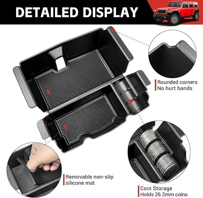 Center Console Organizer Tray Fit for 2018-2025 Jeep Wrangler JL JLU 4XE/Gladiator JT Center Console Armrest Box for Wrangler&Gladiator Accessories(Center Console Armrest Organizer)
