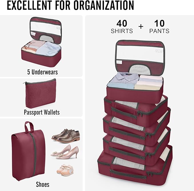 Veken 10 Set Packing Cubes for Travel Essential, Suitcase Organizer Bags in 4 Sizes, Carry-On Luggage Accessories with Large Laundry & Hanging Toiletry Bag, Must-Have for Airplane, Road Trip & Camping