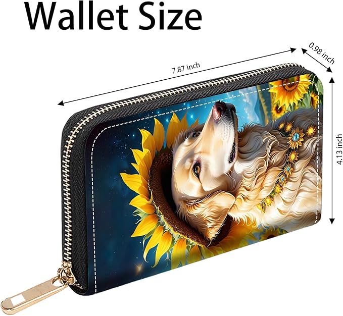 Cute Dog and Sunflower Print Women Large Capacity PU Leather Zip Around Wallet, Multifunctional Clutch Purse for Cash/Card/Coin/Smart Phone