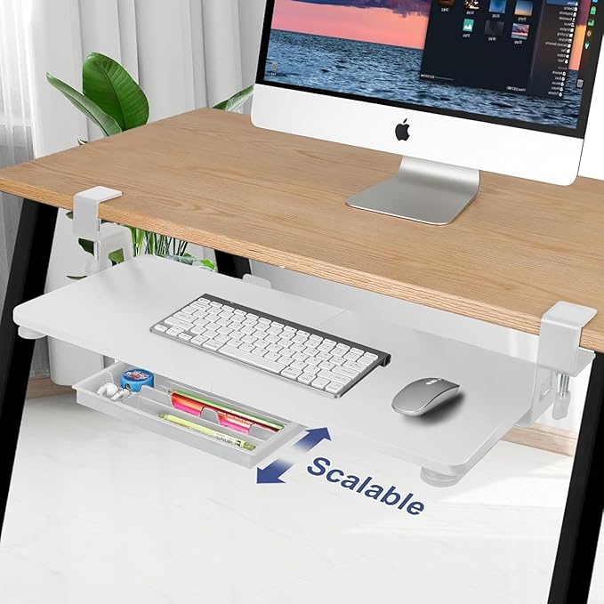 Desktop Keyboard Tray, Pull-Out Under The Table, 26.77 "X 11.81" Large-Sized Keyboard Tray, C-Shaped Lip Holder, Easy to Install, Suitable for Home Learning and Office Use(White)