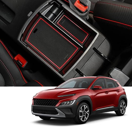 2018-2021 2022 2023 Kona Center Console Organizer for Hyundai Kona Armrest Box, 2022 Kona Console Armrest Tray 2022 2023 Kona Armrest Box Insert Tray Accessories (Red Mats)