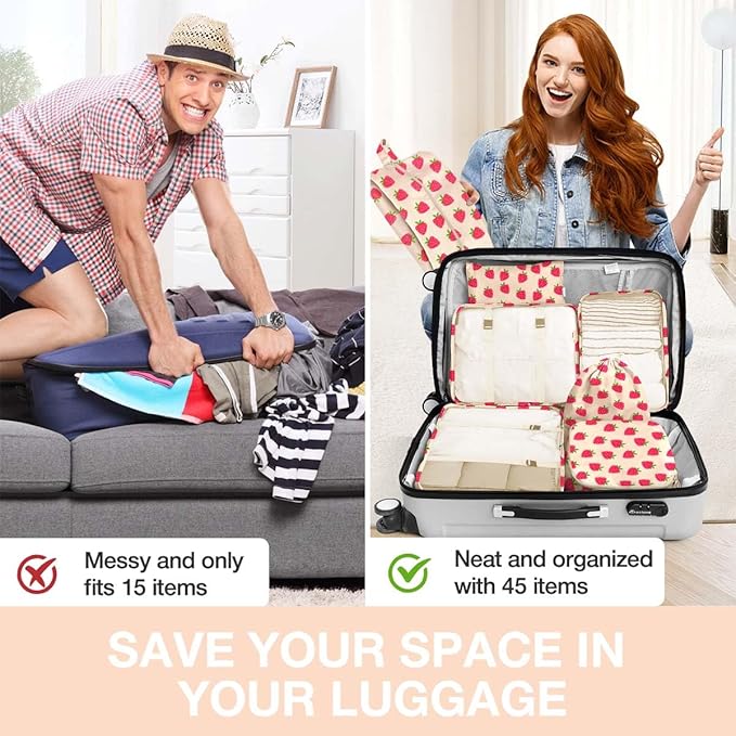 8 Set Packing Cubes for Suitcases,Packing Cube with Shoe, Cosmetics, Clothing, and Accessories Bags Packing Cubes for Travel Luggage Organizer Women Men(8 Set Strawberry)