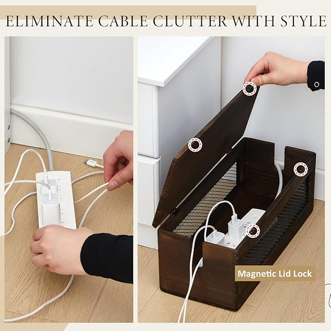 Chunful Extra Large Cable Management Box, 16'' Wood Cord Hider Organizer with Magnetic Lid & Organizer for Power Strip, TV Wires & Desk Cable Storage, Ventilation Hide Floor Cables