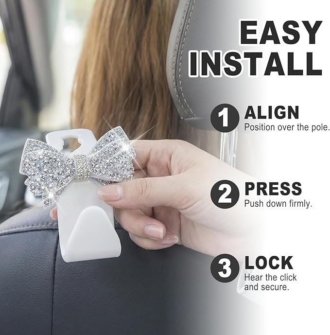 2PCS S-Type Bling Car Seat Headrest Hooks, Crystal Rhinestone Bow Seat Hooks for Purses and Bags, Rhinestone Car Accessories for SUV, Truck, Sedan (Silver)