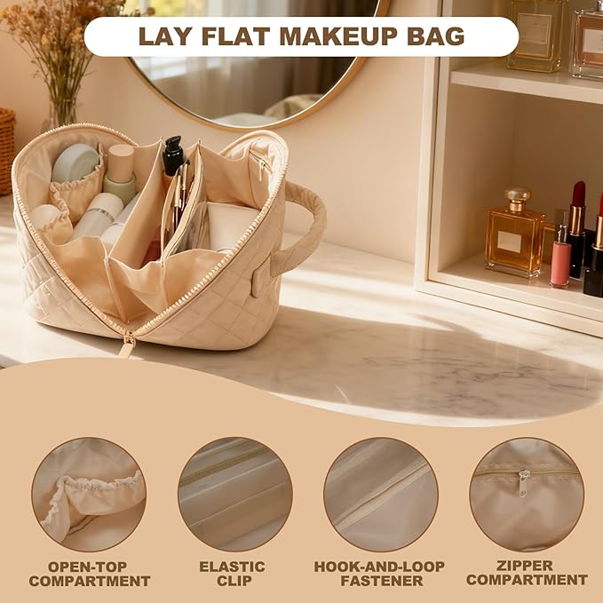 Makeup Bag,Quilted Puffer Cosmetic Bag for Women, 180° Lay-Flat Travel Make up Bag, Waterproof Large Capacity Toiletry Bag with Sturdy Zippers, Portable Makeup Organizer for Travel & Daily Use