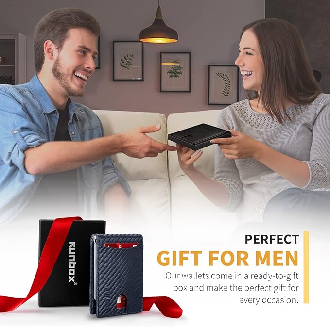 RUNBOX Slim Wallet for Men Genuine Leather RFID Blocking Bifold Minimalist Front Pocket Mens Wallet with Money Clip Thin Gift Box