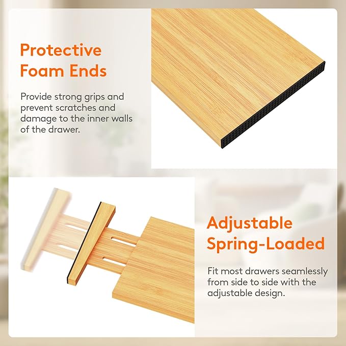 Lifewit 5" High 6 Pack Bamboo Drawer Dividers 33-42cm/13-16.5" Adjustable Wooden Drawer Organizer for Clothes/Utensils, Expandable Drawer Separator for Dresser/Kitchen/Bedroom/Office Organization
