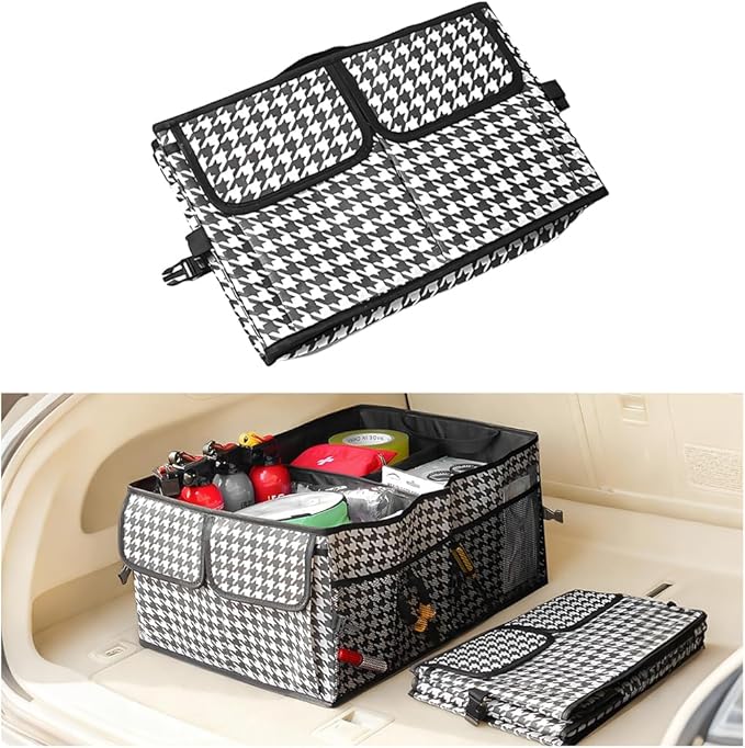 Car Trunk Organizer, Collapsible Multi-Compartment Large Capacity Vehicle Storage Container, Foldable Adjustable Automotive Interior Organization Box, Universal Fit (Houndstooth)