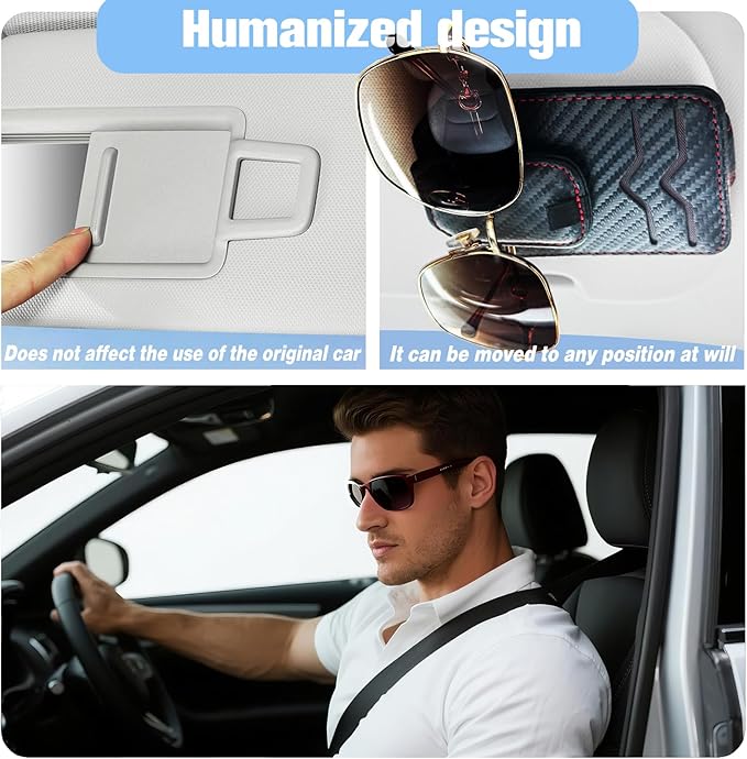 Car Sunglasses Holder - Visor Clip Style & Magnetic Plush Leather Construction Doubles as Credit Card & Fuel Card Box with Storage Pocket &Holds Sunglasses