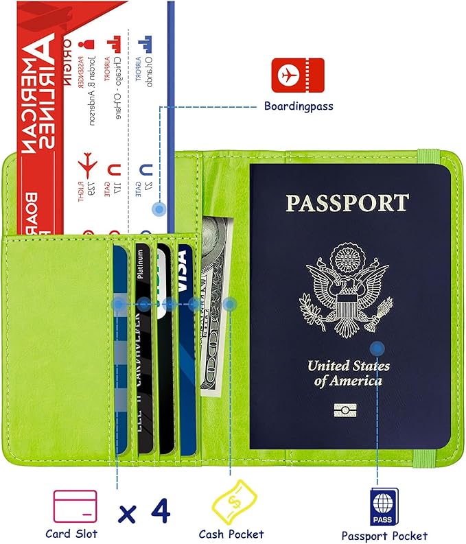 TOURSUIT RFID Blocking Passport Holder for Women Men, Leather Passport Travel Wallet with 3D Metal Badge, Travel Document Holder Cover Accessories (Green)