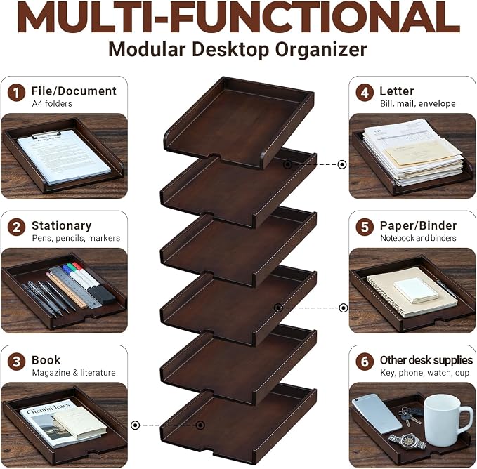 6 Tier Solid Wood Desktop File Organizer, Pull Out Stackable Paper Tray, Multi-use Desk Storage for A4 Documents, Folders, Mail, Bills, Tablet and Phone, Home Office Supplies Organizer