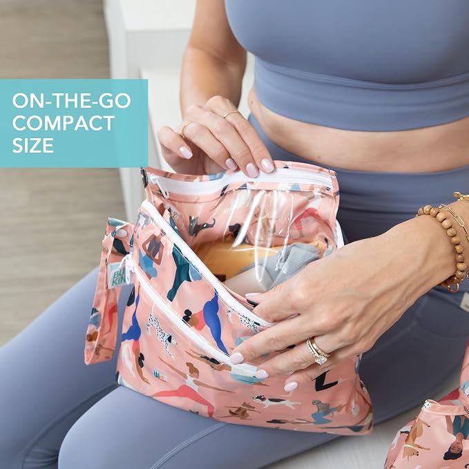 Bumkins - Waterproof Wet Bag, Wet/Dry Clutch & Clear Travel Bags - For Beach, Baby, Travel, Cloth Diapers, Pump Parts, Pool, Gym, Toiletries - Reusable & Easy to Clean - Yoga Pals - 5 Pack