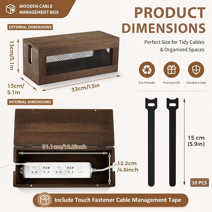 Chunful 13 Inch Cable Management Box, Wood Cord Hider Organizer with Magnetic Lid & Organizer for Power Strip, TV Wires & Desk Cable Storage, Ventilation Hide Floor Cables