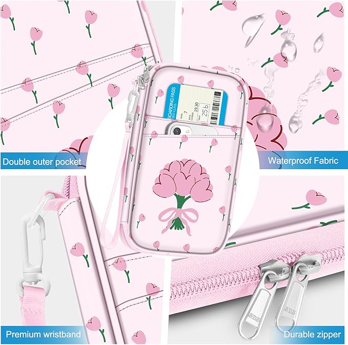 FINTIE Family Passport Holder for Travel, 6 People Big Capacity RFID Blocking Travel Document Organizer Clutch Bag with Pen Holder Keychain Credit Cards Case Cover for Women Men, Tulip