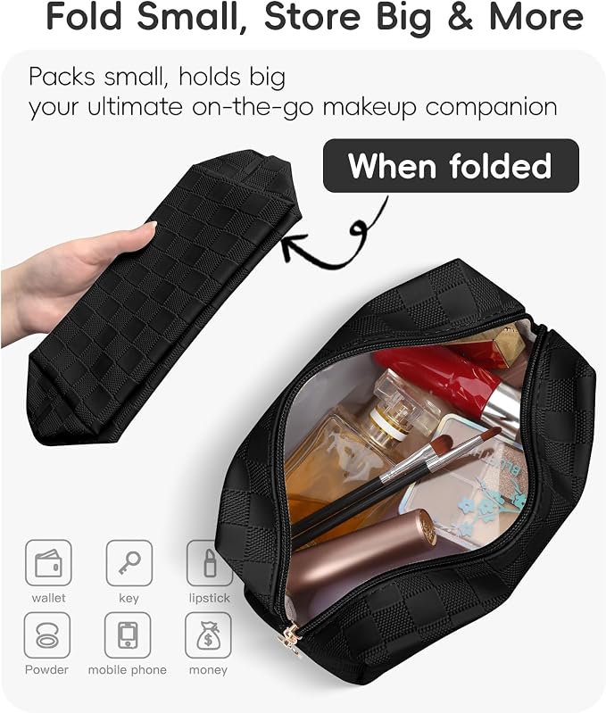 Checkered Makeup Bag for Purse - Cute PU Leather Travel Cosmetic Pouch for Women, Portable Flat Toiletry Organizer with Gold Zipper(black)