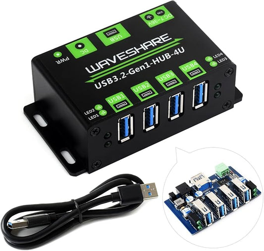 Waveshare 4-Ch USB 3.2 Gen1 HUB, Compatible with Windows, macOS, Linux and Android, Metal Case with Wall-Mount Support, Driver-Free, Plug-and-Play
