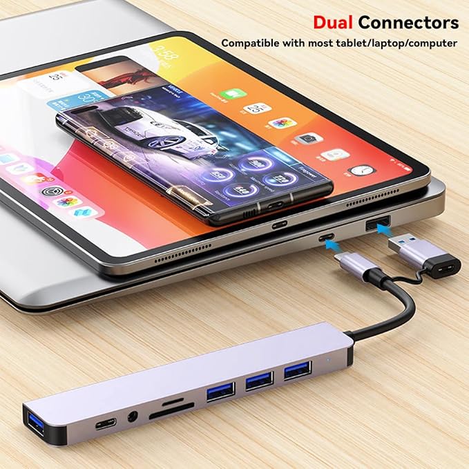 USB Hub 3.0 USB C Hub with SD Card Reader Audio Jack 8 in 1 USB Extender Splitter Multiport Dongle Adapter for MacBook Pro Air and More PC/Laptop/Tablet Devices