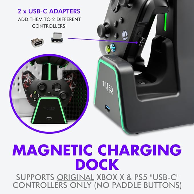 Tilted Nation 3 in 1 Gaming Headset and Controller Stand for PS5 and Xbox Series X Charging Station - Game Controller Holder and Headphone Stand for Desk with PlayStation and Xbox Magnetic Charger