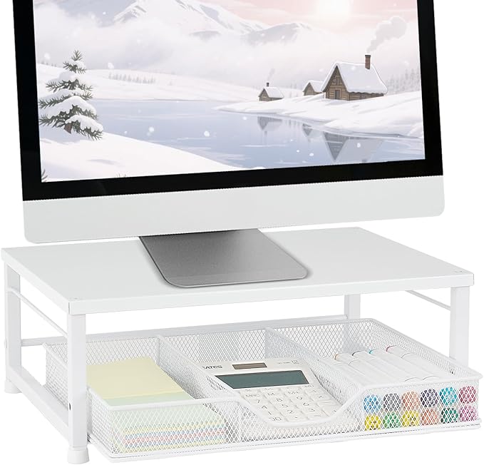 Small Laptop Stand for Desk, Monitor Stand Riser, Office Desk Accessories, Computer Desktop Stand with Drawer for Home, Office, School (White)