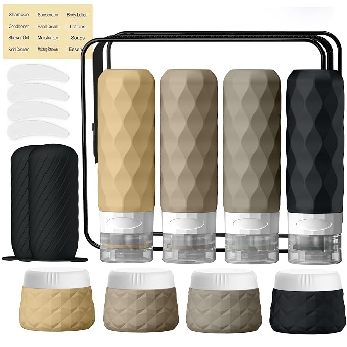 16Pack Travel Bottles for Toiletries, TSA Approved Travel Size Toiletries Containers Set, Silicone Leak Proof Refillable Bottles Elastic Sleeves Creams Jars Accessories Kit W/Clear Bag (Apricot Black)