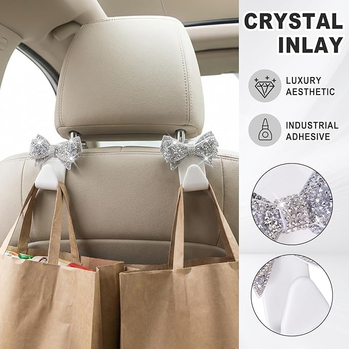 2PCS S-Type Bling Car Seat Headrest Hooks, Crystal Rhinestone Bow Seat Hooks for Purses and Bags, Rhinestone Car Accessories for SUV, Truck, Sedan (Silver)