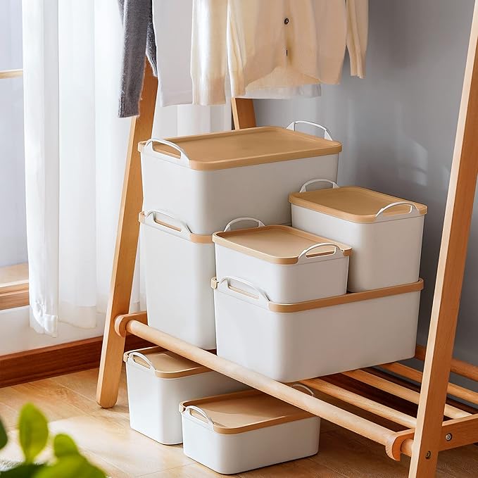ANMINY 5PCS Plastic Storage Bins Containers with Lids, Large Storage Organization Bins Boxes, Lidded Plastic Storage Baskets for Closet Shelves Desktop, Wheat Lids, 2M + 3S