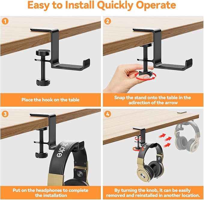 Headphone Hanger Holder Stand-Under Desk Headphone Hanger， Headset Hook Holder Space-Saving Aluminum Stand with Universal Fit for Gaming PC Accessories (Black-1PCS)