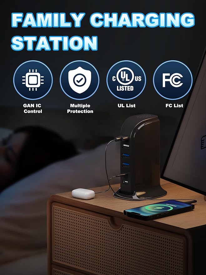 USB Charger, Charging Station for Multiple Devices 45W, Fast Charging Blocks with Dual Type C Ports, 4 USB Charging Hub Organizer Multiport for iPhone, Ipad, Smartphones, Travel Accessories