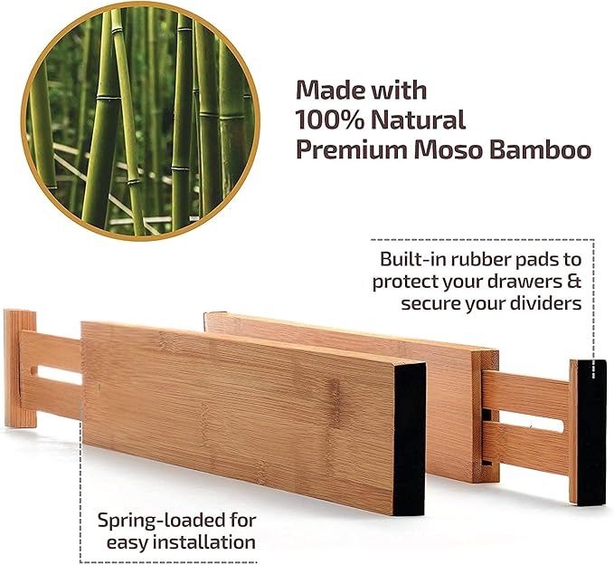 6 Pack Bamboo Drawer Dividers - 17" to 21.5" Expandable Adjustable Drawer Organizer for Kitchen Utensils, Large Kitchen Drawer Divider, Clothes, Dresser, Bedroom, Bathroom & Desk Drawer Separator Set