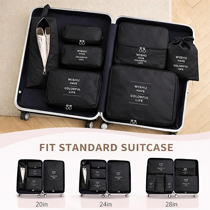 7 Set Packing Cubes For Travel | Luggage Organizer Bags With Shoe, Laundry Bag, Accessory Pouch And Lingerie Bag | Durable And Space Saving Suitcase Organizer For Travel Essentials | Black