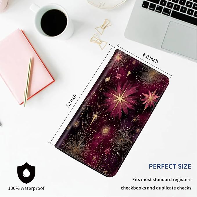 DEGDFSGR Checkbook Cover PU Leather Checkbook Covers for Women for Duplicate Checks, Check Book Covers with RFID Blocking Function for Personal Checkbook, Gold Foil Fireworks