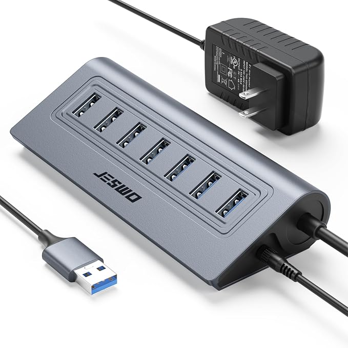 Powered USB Hub, JESWO 7-Port USB 3.0 Hub, Aluminum USB Data Hub with 3.3ft Cable, USB Hub 3.0 Powered with 5V/4A Power Adapter for MacBook, Notebook PC, USB-Flash Drives, Mobile HDD and More (Grey)