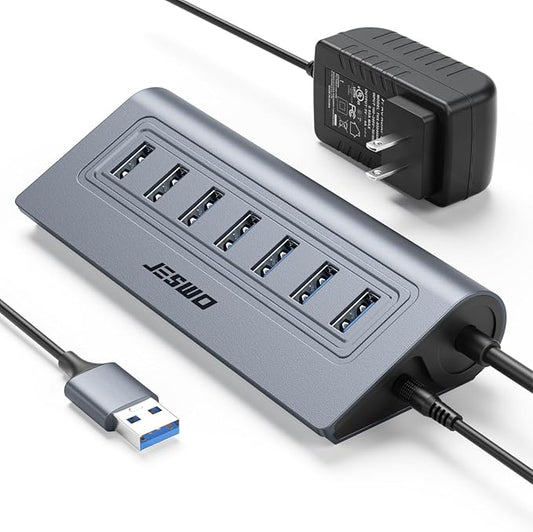 Powered USB Hub, JESWO 7-Port USB 3.0 Hub, Aluminum USB Data Hub with 3.3ft Cable, USB Hub 3.0 Powered with 5V/4A Power Adapter for MacBook, Notebook PC, USB-Flash Drives, Mobile HDD and More (Grey)