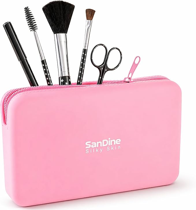 Silicone Makeup Bag for Women – Waterproof Silicone Cosmetic Pouch & Makeup Brush Holder – Easy‑Clean Travel Toiletry Organizer with Zipper – Soft Durable Silicone Case by Sandine (Pink)