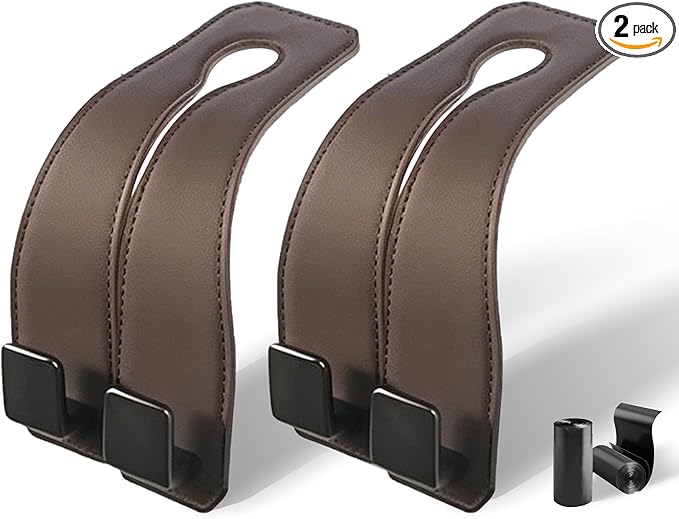 vidonio 2 Pack Double Car Seat Hooks for Headrest, Rotatable Purse Holder for Car,Premium Leather Car Hooks for Purses and Bags, Headrest Hooks and Storage Accessories (Brown)