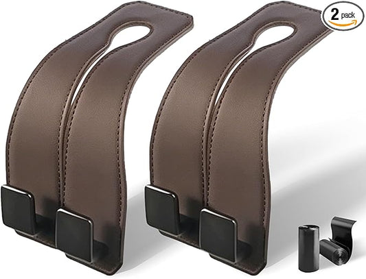 vidonio 2 Pack Double Car Seat Hooks for Headrest, Rotatable Purse Holder for Car,Premium Leather Car Hooks for Purses and Bags, Headrest Hooks and Storage Accessories (Brown)