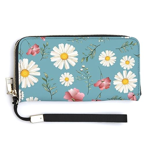 Unisex Zip Around Wallet for Adults Teens White Daisy Pink Flower Blue Background Coin Pouch Cash Pocket PU Leather Wallets Card Holder Organizer Designer Purse with Wristlet Strap