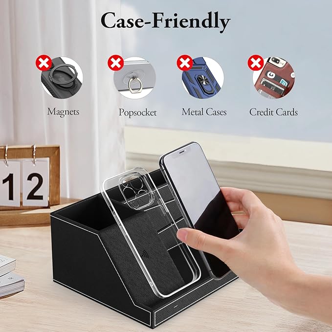 TopMade Wireless Charger Desk Nightstand Organizer, Leather Pen Holder Office Supplies Desk Accessories Fast Charging Station, Remote Control Holder, for iphone Charger Stand Gifts for Men (Black)