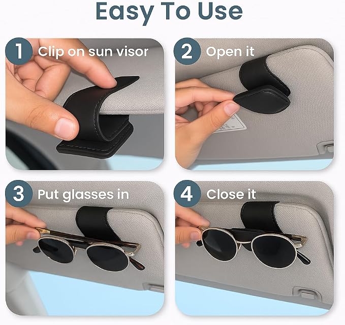 Sunglass Holder for Car Visor Clip Pack 2 - Car Sunglass Holder - Magnetic Leather Sunglasses Holder - Eyeglass Holder for Car Visor - Visor Sunglasses Holder Clip (Black)