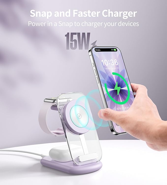 3 in 1 Magnetic Wireless Charging Station for Apple Devices, Fast Foldable Travel Mag-Safe Charger Stand with Night Light for iPhone 17 16 15 14 13 12 Series, Apple Watch/AirPods Pro, PU