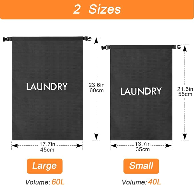 2 Pack Waterproof Travel Laundry Bag Set, Roll-Top Wet Dry Bag for Odor Control & Separating Dirty Clothes, Packable Space Saver Organizer for Gym, Swimming & Cruise Suitcases