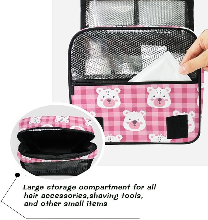senya Hanging Travel Toiletry Bag Cute Kit Makeup Case Cosmetics Organizer for Men Women (Pink Checkered Bear's Face)