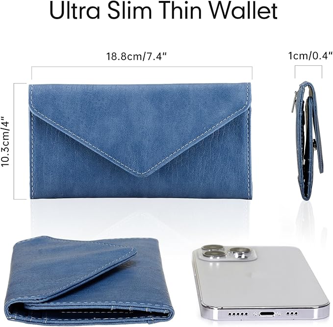 RFID Blocking Envelope Wallet, Vegan Leather Ultra Slim Trifold Multi-Card Holder with 2 ID Windows, Zippered Coin Pocket, Haze Blue