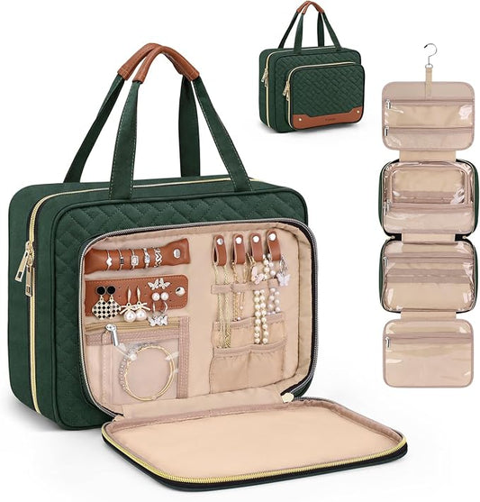 Wedama Toiletry Bag for Women, Hanging Travel Toiletry Bag with Jewelry Organizer Compartment Large Makeup Bag, PVC Waterproof Cosmetic Travel Bag Trips Camping Bathroom, Dark Green